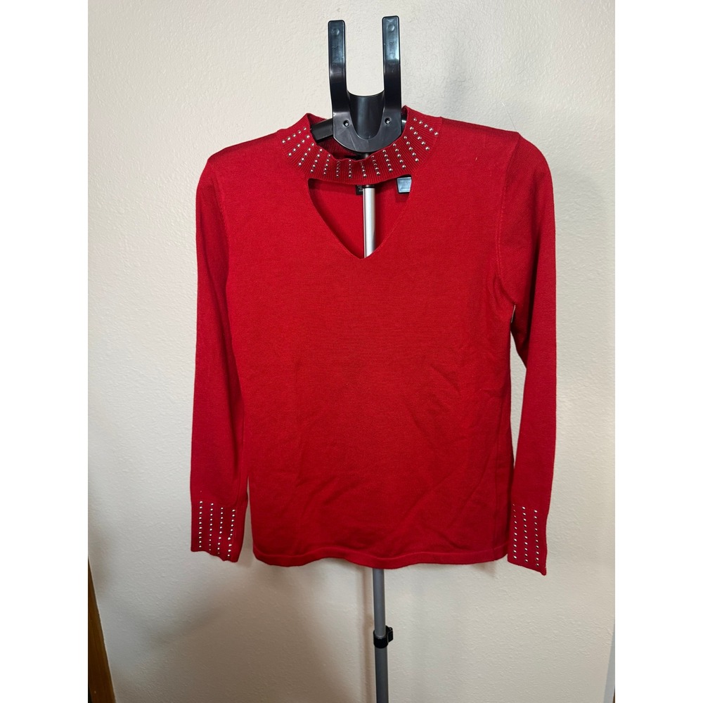 Questions Red Choker Neck Studded Cutout Long Sleeve Sweater Large